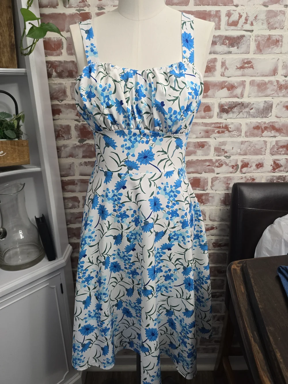 Blue Floral Midi Dress with Square Neck and Thick Straps